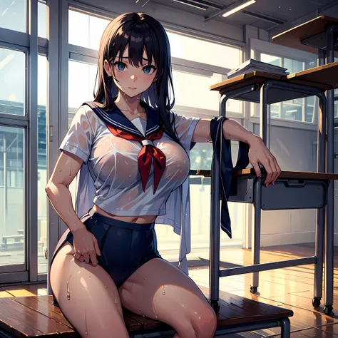 Big breasts, sailor suit, muscular, girly, wet, shy, tall, classroom, sitting --auto