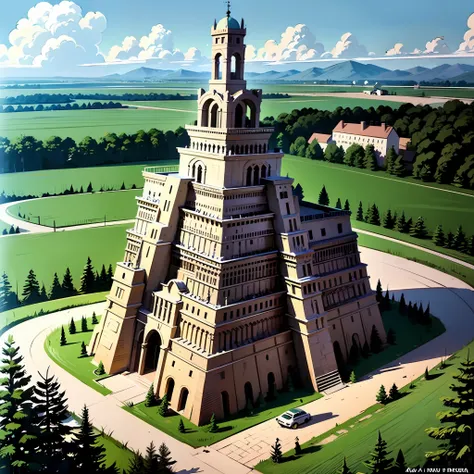 "modern depiction of the tower of babylon in the style of pieter bruegel". --auto