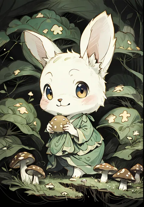 a cartoon rabbit wearing a beautiful dress, is picking mushrooms in the forest, behind the dense forest, smiling, illustrations