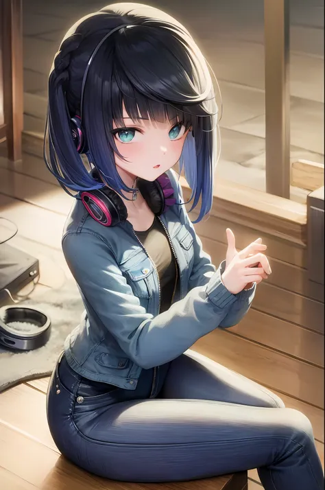 1girl,(((jacket,headphones,jeans,sitting))),,chair