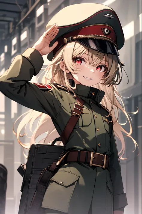 (masterpiece, best quality: 1.1), 1girl solo, tanya, 1girl, solo, petite, flat chest, small breasts, curvy, military, military uniform, military salute, general hat, cute smile,red eyes
