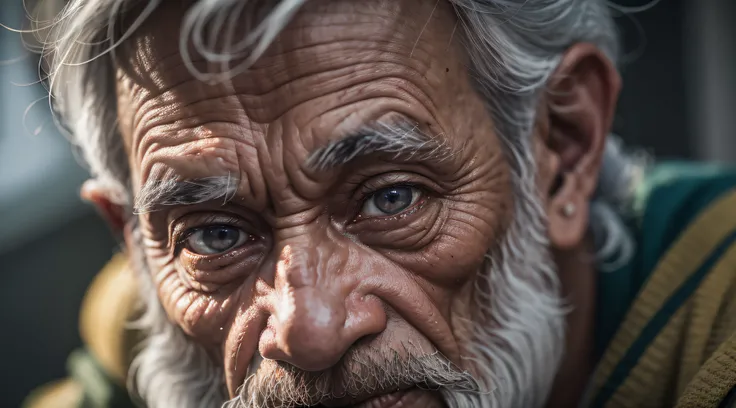 cinematic portrait photo of a very interesting indian old man inside a house, eyes close up, highly detailed vfx portrait, taken with a full frame camera with a wild lens, in his hobbit home,