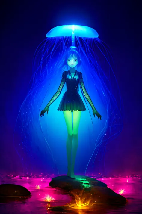 Colorful, no humans, jellyfish, landscape, 1girl, upper body,