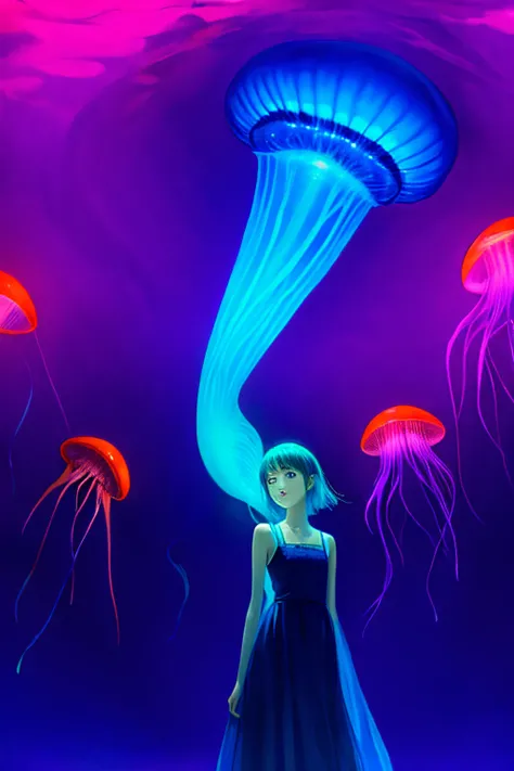 Colorful, no humans, jellyfish, landscape, 1girl, upper body,
