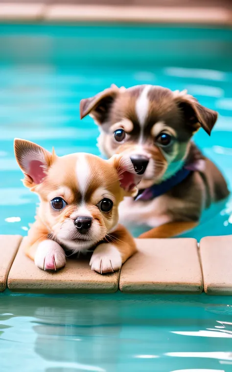 hyper quality,cute two chihuahua puppies,different body colors,swimming in the pool,barking,narrow eyes,smile,eos r3 28mm