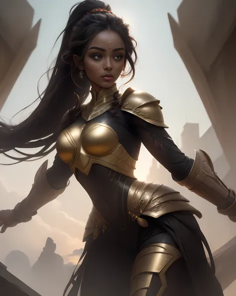 (best quality, masterpiece), a beautiful brown woman, futuristic armor, long black curly hair ponytail, black eyes, futuristic w...