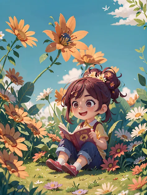 ((best quality)), ((masterpiece)), 1 girl and 1 boy reading together, happy, big eyes, background is big grass, falling flowers,...