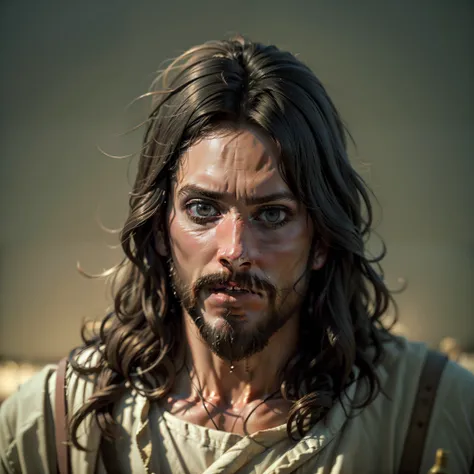 portrait of modern jesus, war scene, middle east, hill, israel, jerusalem, cinematic lighting, depth of field, bokeh, realism, p...