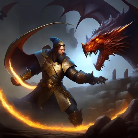 wizard fighting a large dragon, epic, dungeon, digital art, magic
