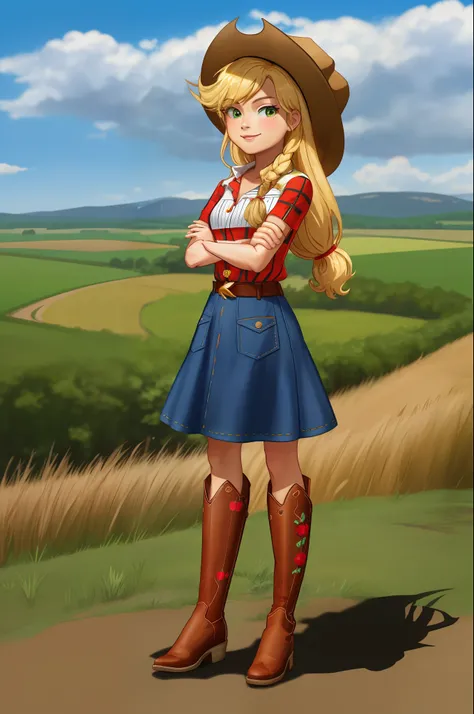 (masterpiece, best quality:1.2), cowboy shot, solo, 1girl, mlpapplejack, smile, looking at viewer, crossed arms, low-tied long hair, cowboy hat, shirt, short sleeves, denim dress, wheat field, full body, thigh high boots