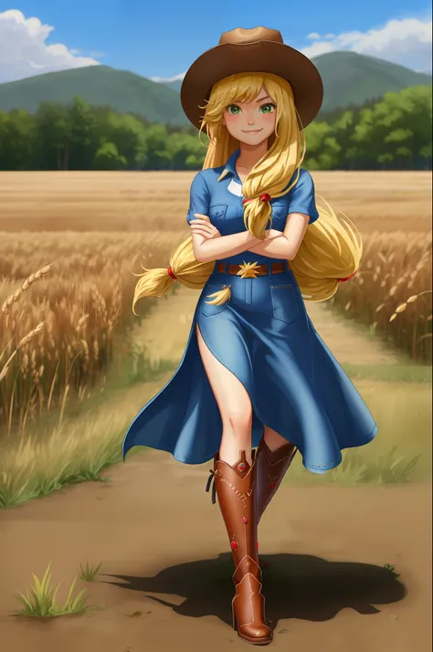 (masterpiece, best quality:1.2), cowboy shot, solo, 1girl, mlpapplejack, smile, looking at viewer, crossed arms, low-tied long hair, cowboy hat, shirt, short sleeves, denim dress, wheat field, full body, thigh high boots, high heeled boots