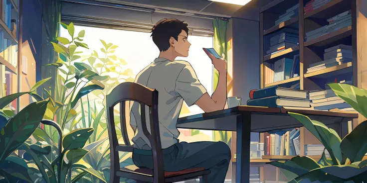 (masterpiece:1.2), best quality,pixiv, the garden of words,
1boy, male focus, sitting, solo, from behind, indoors, shirt, book, ...