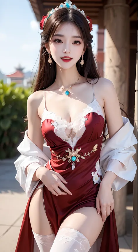 1 young empress wearing red lace top, deep-breasted nightgown, Chinese-style clothes, ancient costumes with many phoenix patterns, flawless white and pink face, crown on her head, black hair hip length, very beautiful and sharp brown eyes, small red lips, ...