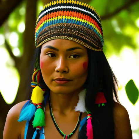 brazilian indigenous woman, portrait, amazon, 90s footage, vcr, vhs, tv news report, daylight, video quality, washed footage, found footage, useful camera, techno party, psy trance, psychedelic, aya huasca, guerrilla, jungle, betamax, dslr, soft lighting, ...