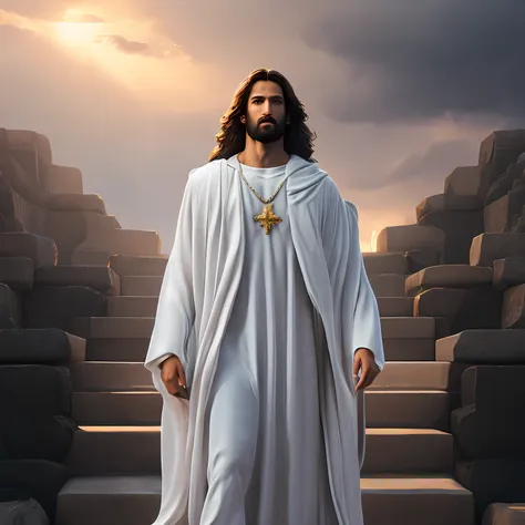 concept art of jesus christ with white clothes in the clouds towards the gates of heaven, full body photo, wide photo, insanely ...