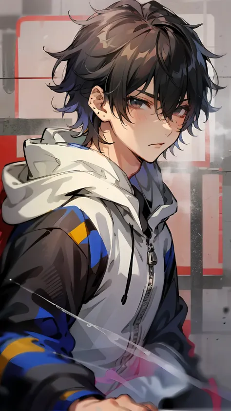 1boy, solo, looking at viewer, male focus, buster bros, 19 years, black eyes,piercing look,bangs, black hair, hair between eyes,...