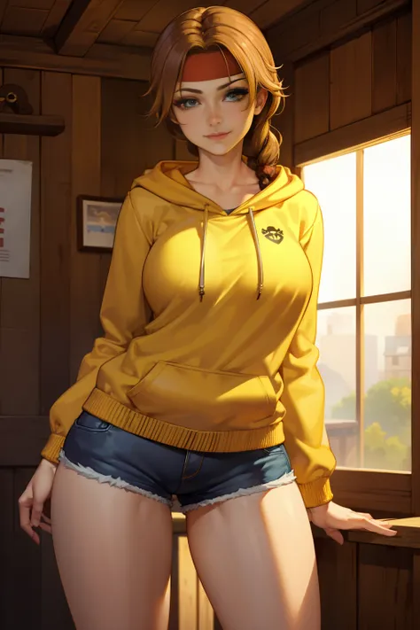 (Masterpiece, Best Quality:1.2), Solo, 1girl, Smirk, Looking at the Viewer, Realistic Eyes, bandana, long braid, Best Quality, Closed Mouth, Beautiful Lighting, Cinematic, 8K, Facial, Liner, Wooden Walls, Big Tits, Yellow Hoodie, Short Shorts, Wide Thighs,...