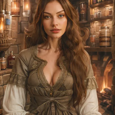 beautiful ginger women in detailed dress at cozy detailed potions shop, air above hair, ipa award wining, masterpiece