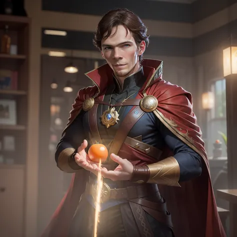 araffe man in a wizard costume just like doctor strange, holding an orange-colored, amber crystal in his hands, artgerm benedict...