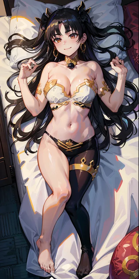 No bra, sexy lingerie, no bra, pantyhose very torn, torn, ishtar, fate, grabbing breasts, white skin, pale, day hotel room, lying in bed, sensual smile, 4k, best quality, masterpiece, beautiful body, sensual, whole body