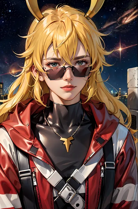 Create a detailed drawing of the character Kamin from the anime "Gurren Lagann" in a space interior. Let Kamina be depicted up close to show all the small details of his appearance. Please ensure the highest quality of work and maximum detail so that every...