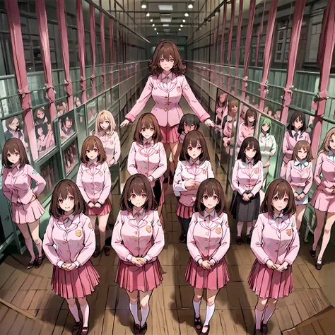 perfect anime illustration, multiple girls, thousands of girls, millions of girls, clones, identical sisters, neat rows of siste...