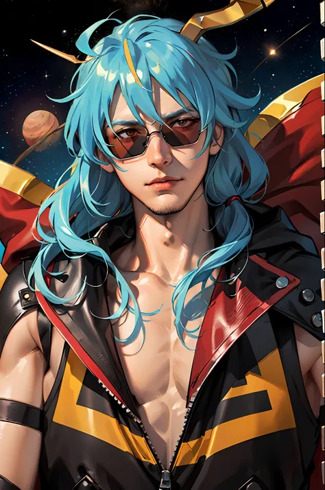 Create a detailed drawing of the character Kamin from the anime "Gurren Lagann" in a space interior. Let Kamina be depicted up close to show all the small details of his appearance. Please ensure the highest quality of work and maximum detail so that every...