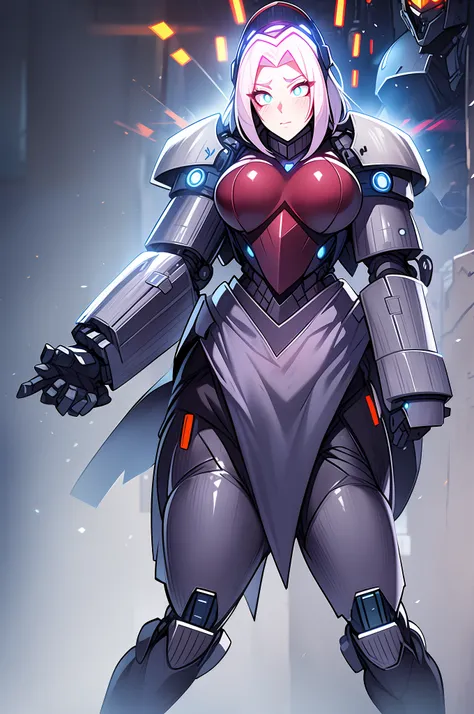 girl fully-enveloped by cyber armor, encased from head-to-toe in heavy thick cybernetic armor, heavy armor, heavy mechsuit armor...