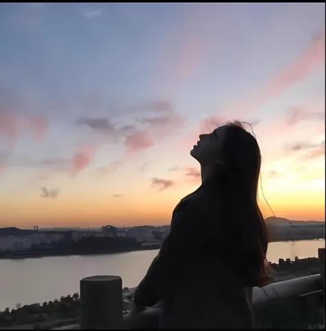 arafed woman looking at the sunset over a body of water, with sunset, with a sunset, girl watching sunset, at a beautiful sunset, during a sunset, during sunset, looking at sunset, watching the sun set. anime, at the sunset, in the sunset, watching the sun...