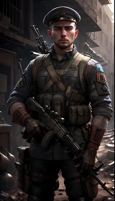 Soldier with dark uniform and rifle, ruined background, realistic, stylish, rutkowski, hdr, intricate details, hyperdetailed, cinematic, rim light, danger atmosphere
