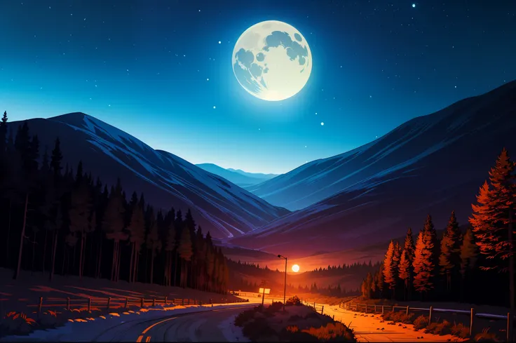 a beautuful landscape full moon, mountain, hills, blue moon, forest, trees, night