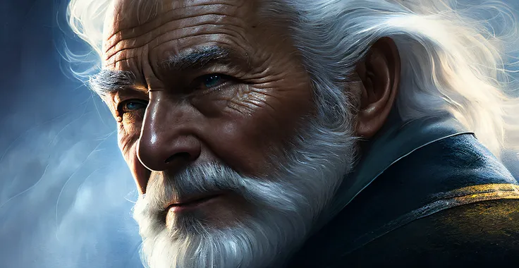 man, close up shot, old man, white hair, magic, cinematic, painting