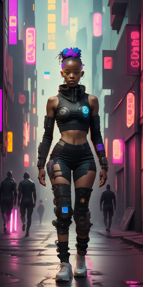 1 african american warrior girl 18 years old, full body,perfect,8k surrealism, bottom-up angle, in a night town (cyberpunk)