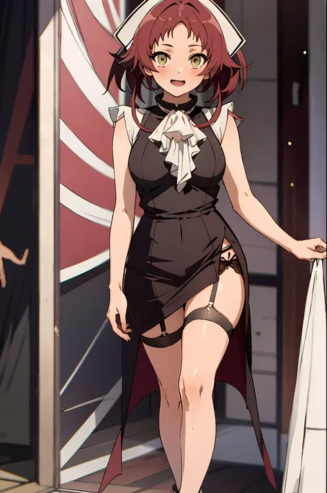 Standing, girl, mature aisha_greyrat, short Japanese dress, garter belt, full body, 1girl, sleeveless, red dress, bare legs, spread legs, looking at viewer, thick thighs, long legs, large breasts, black dress, large thighs, looking at viewer, slightly visi...