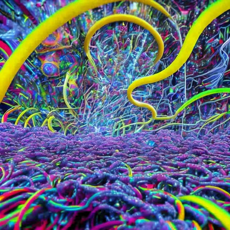 ultra colorful and psychedelic 3d fractals dark, environment with many technological cables dark and technological, ultra realis...