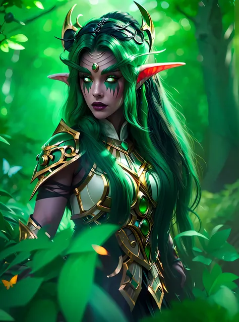 (((masterpiece, high quality)))), first quality, elf, long hair loose and black, green eyes, short battle armor in gold and blac...