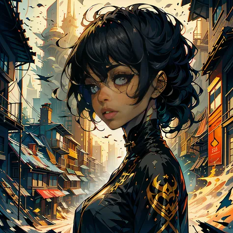 Portrait (a young woman:1.2)| (a girl:1.1), black skin, makeup, super detailed, city, direct look, contoured, flat vector illustrated