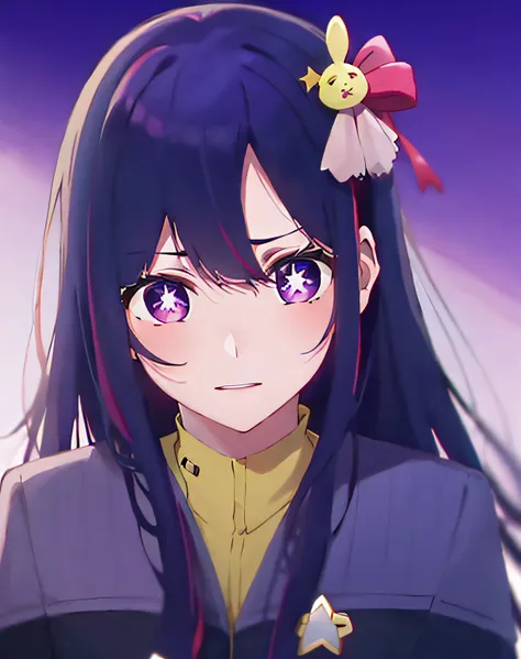 hoshino ai, long hair, purple hair, streaked hair ,purple eyes, star-shaped pupils, hair ornament, wearing ds9st uniform