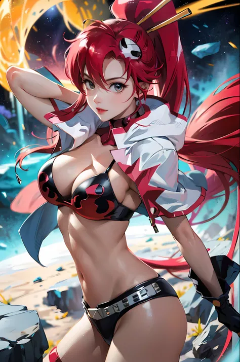 Create an incredibly detailed drawing of the character Yoko from the anime Gurren Lagann in a space environment. Let Yoko be photographed up close to show all the details of her gorgeous appearance. Please provide the highest quality and maximum detail to ...