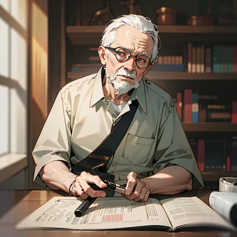 High quality In the room, a kind old man in a white shirt, holding a pipe in his hand,