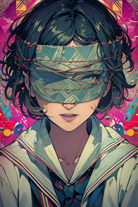 (masterpiece, top quality, best quality, official art, beautiful and aesthetic:1.2),
blindfold, solo, 1girl, open mouth, short hair, long sleeves, bangs, smile, upper body, bandages, shirt,
extreme detailed,highest detailed, optical mixing, playful pattern...