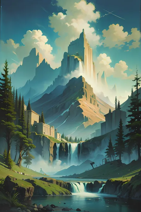 an oil painting with a waterfall, green trees, mountains of ice in the back, and a sky with clouds