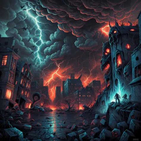 cataclysmic storming made with horror creatures, devastating a city. horror art, unreal engine, uhd, sketch color drawing. illus...