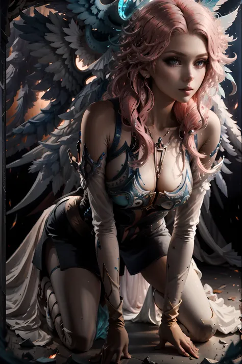 Realistic, realistic details, details
break
1 girl, beauty, seductive face,, fine skin, anicos_inori, pink hair, long hair, navel, parted sleeves, bare shoulders, center opening, cleavage, middle chest, hair clip with long feathers, hair ornament, red eyes...