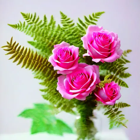 there is a bouquet of flowers with leaves and flowers in it, roses and lush fern flowers, bouquet, pastel roses, highly detailed muted colors, colourful flowers bouquet, with colored flowers, a hyper realistic, bouquets, photo realistic image, hyperdetaile...