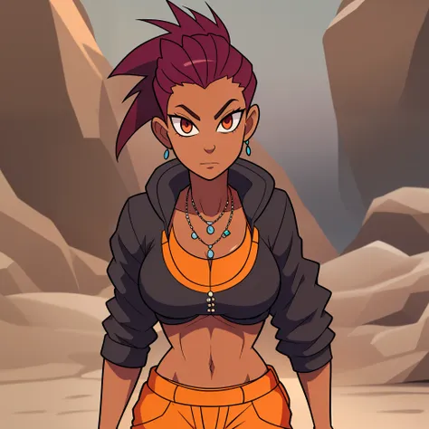 sandbender strong female mohawk hair, crimson eyes, necklace with a ring, muay thai posture, in her early 20s, some sand around ...