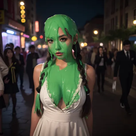 25-year-old japanese model, catholic school uniform, city at night, lens flairs, portrait photography, long eyelashes, thick eye...