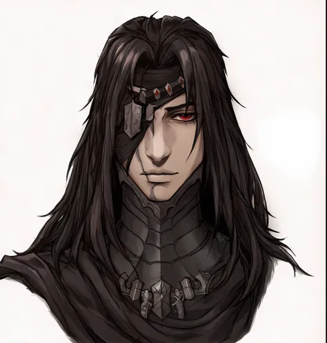 a drawing of a man with long hair and a black outfit, anime tribal boy with long hair, dark fantasy character design, male vampi...