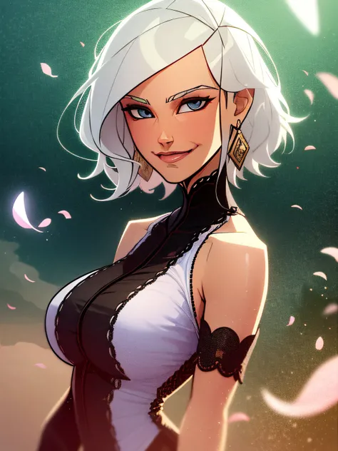 better quality, masterpiece, upper body,
(adult:1.6) Hungarian woman, (smirk: 0.4), arm behind her head,
short white hair,
sparkling eyes,
Victorian summer dress,
floating light particles, centered,