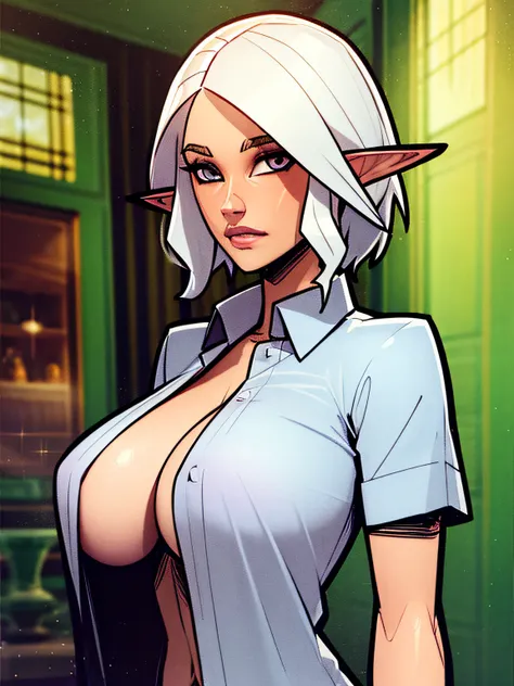 elf woman, busty, short white hair, sparkling eyes, shirt